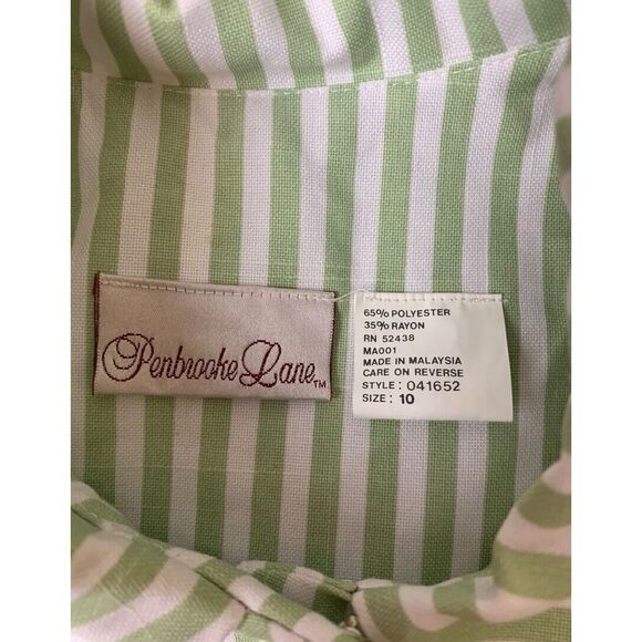 Vintage Penbrooke Lane Dress Womens 10 Green White Striped Button Up Belted Midi - Picture 9 of 12